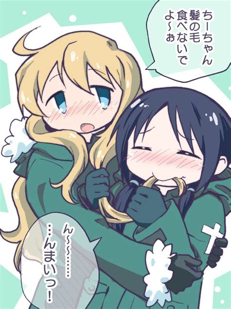 Safebooru 2girls Biting Hair Black Hair Blonde Hair Blue Eyes Blush