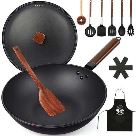 Buy Xiheima Inch Carbon Steel Wok Pan With Lid And Spatula Wooden