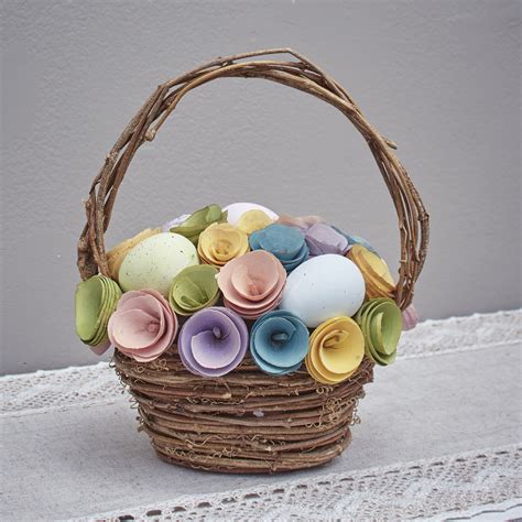 Wood Curl Easter Basket With Artificial Flowers Wood Eggs Easter