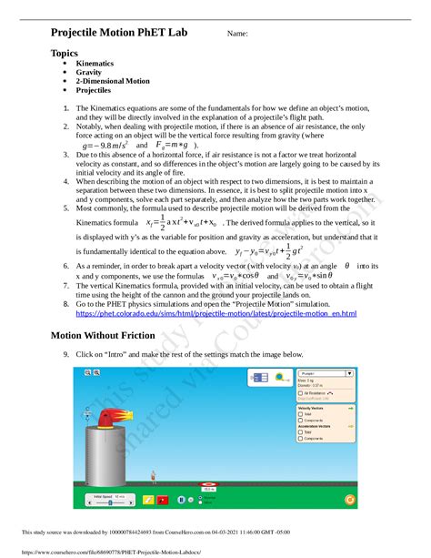 Phsc Phet Projectile Motion Lab Projectile Motion Phet Lab