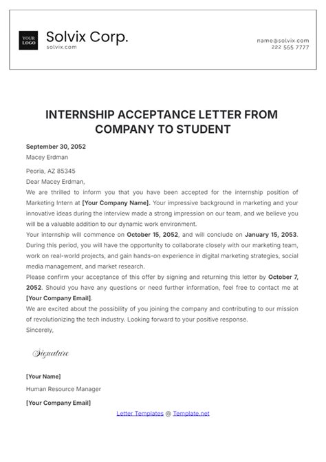 Free Internship Acceptance Letter From Company To Student Template