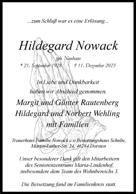 Traueranzeigen Von Hildegard Nowack Sich Erinnern De