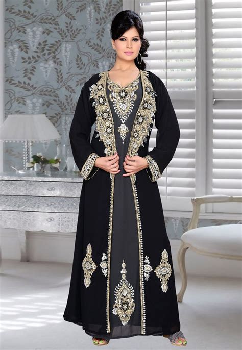 Black Faux Georgette Embroidered Readymade Kaftan