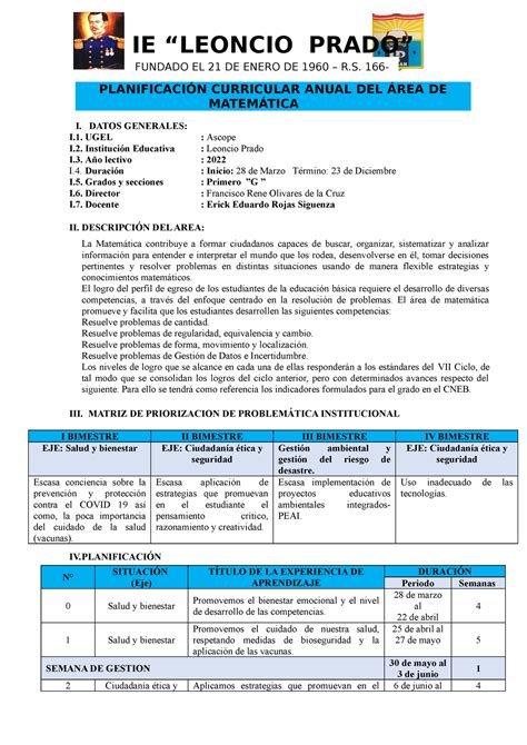 Planificación Anual De Matematica 1° Secundaria PlanificaciÓn Curricular Anual Del Área De