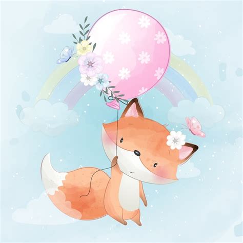 Premium Vector Cute Little Foxy Flying With Balloon