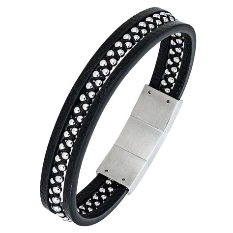 All Blacks Bracelet Homme Acier Et Cuir 682133 GperduMesAiguilles