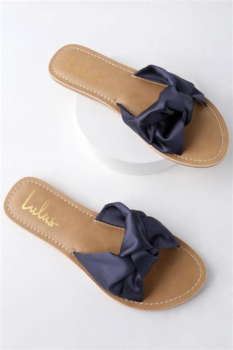 Cute Navy Sandals Knotted Slide Sandals Satin Sandals Lulus