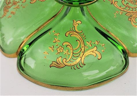 Large Antique Hand Crafted Green Glass Trumpet Vase With Gilt Scroll