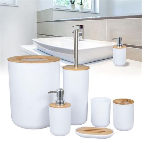 Kit 6 Acessórios De Banheiro Lavabo Detalhes Madeira Toalete Conjunto