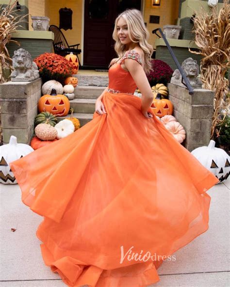 Long Pumpkin Orange Prom Dresses 2024 Beaded Organza Evening Gowns Fd3 Viniodress