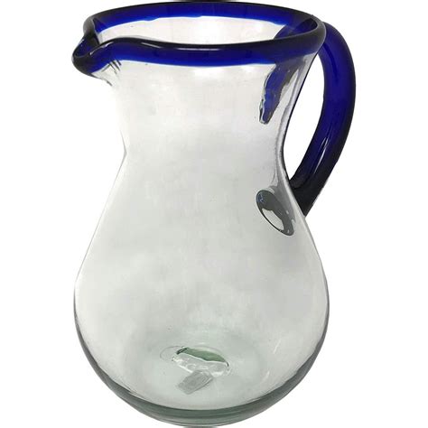 Mexican Hand Blown Glass Pitcher Cobalt Blue Rim And Handle 84 Oz