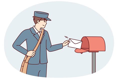 Man In Postman Uniform Throws Paper Letter Into Metal Mailbox Located