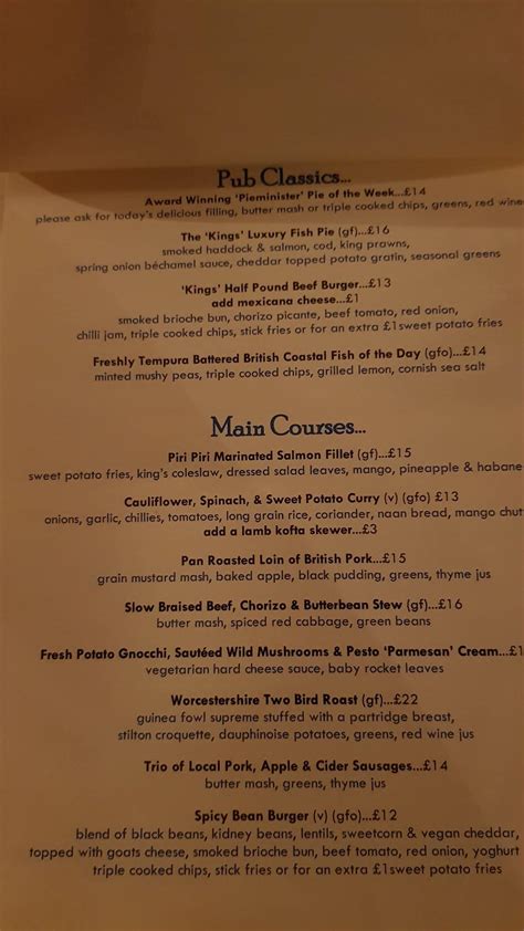 Menu At The Kings Arms Pub And Bar Ombersley Main Road