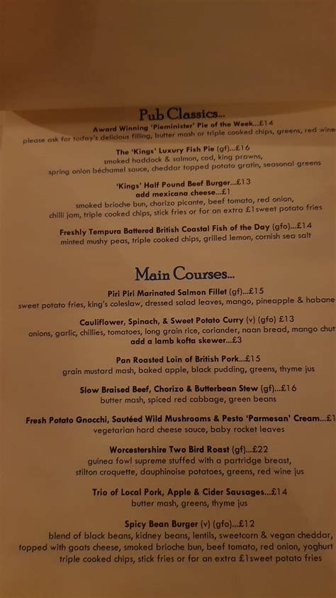 Menu At Kings Arms Pub Bar Ombersley Main Road