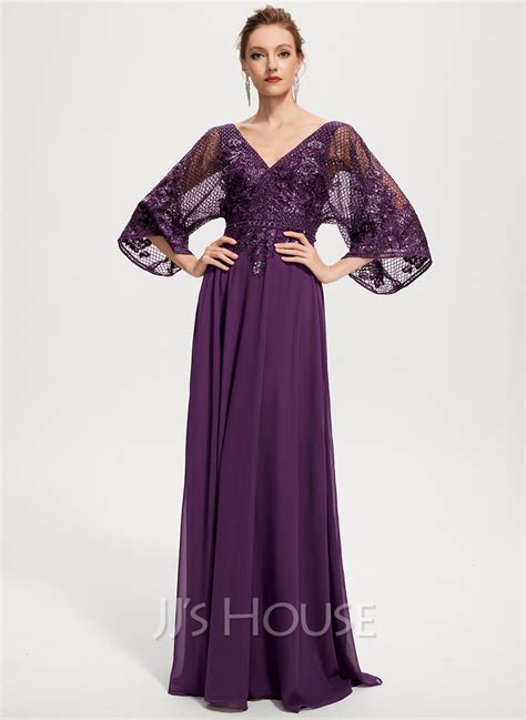 A Line V Neck Floor Length Chiffon Lace Evening Dress With Sequins