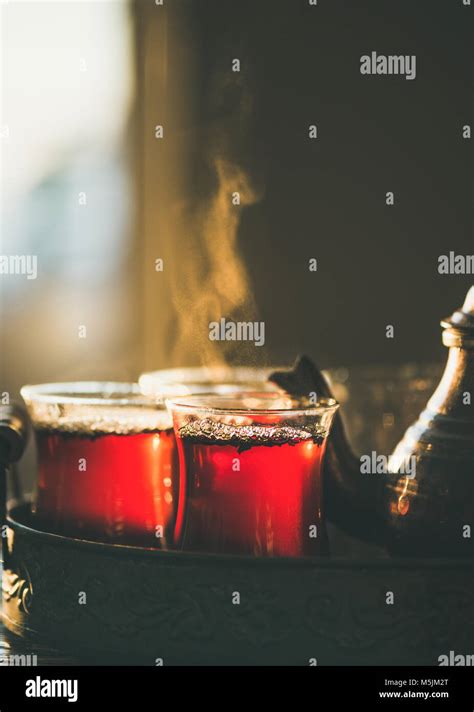 Freshly Brewed Black Tea In Turkish Glasses Close Up Stock Photo Alamy