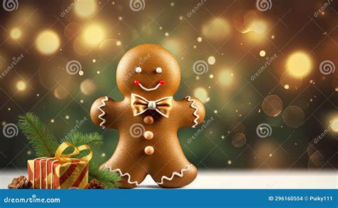 Gingerbread Man With Present And Christmas Bokeh Background Stock