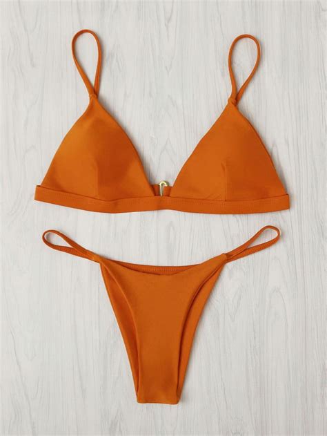 Orange Triangle Adjustable Strap High Leg Bikini Set With Images