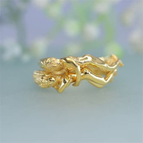 Delicate Nude Couple Gold Ring 14K Yellow Gold Wretha Satire Ring Devil Girl And Devil Boy