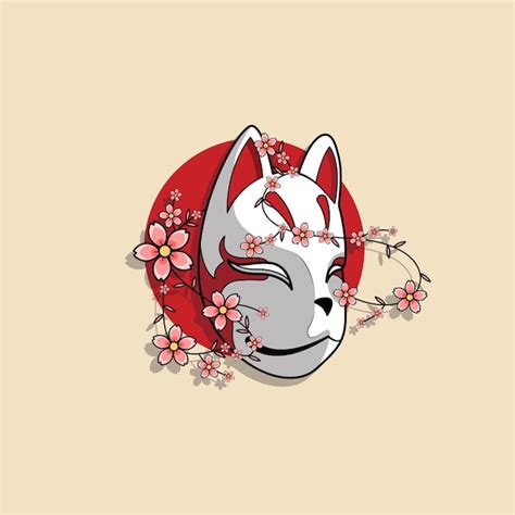 Japanische Kitsune Maske Mit Sakura Blume Vektorillustration Premium