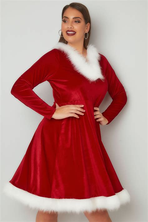 Red Santa Skater Dress With Faux Fur Trims Plus Size 16 To 32