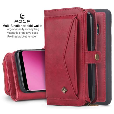 Pola Samsung Galaxy S9 Plus Magnetic Detachable Leather Zipper Wallet Case With 14 Card Slots Red