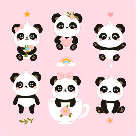 Premium Vector Set Of Cute Baby Kawaii Pandas Vector Graphics