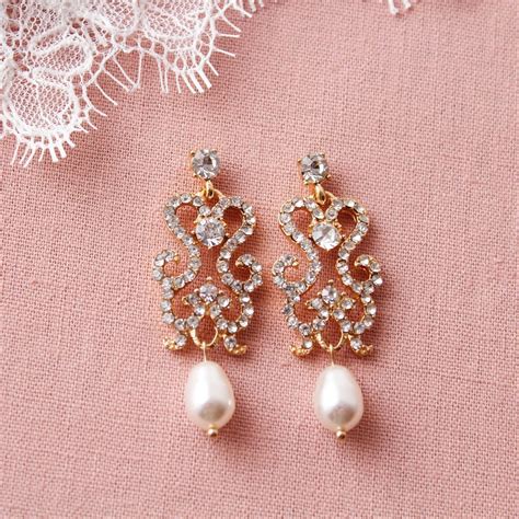 Gold Pearl Drop Bridal Earrings Art Deco Earrings Wedding Earrings Pearl Earrings Vintage