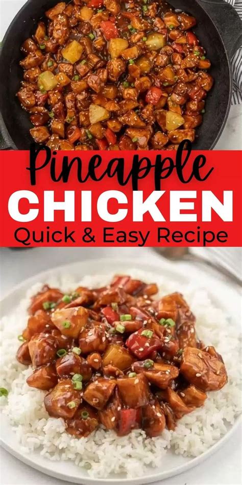 Pineapple Chicken And White Rice In A Skillet With Text Overlay That Reads Pineapple Chicken