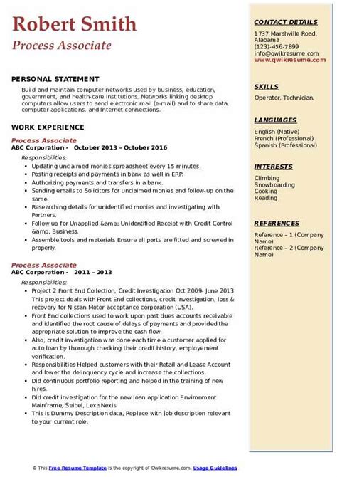 Process Associate Resume Samples Qwikresume