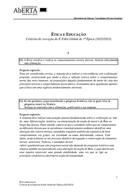 Orientações de Resposta do e fólio Global 1 ÉTICA E EDUCAÇÃO