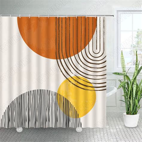 Abstract Mid Century Shower Curtains Green Leaves Black Lines Creative