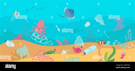 Garbage In Ocean Dirty Sea Plastic Trash And Underwater Animals