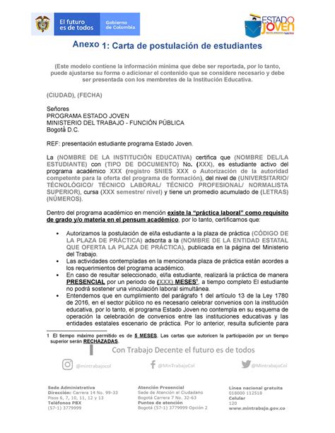 Formato Carta de Postulacion Anexo 1 Carta de postulación de