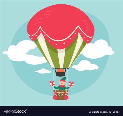 Elf On Hot Air Balloon With Presents For Xmas Vector Image