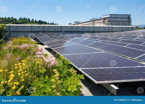 Solar Panel Array Surrounded By Greenery On A Rooftop Stock Image