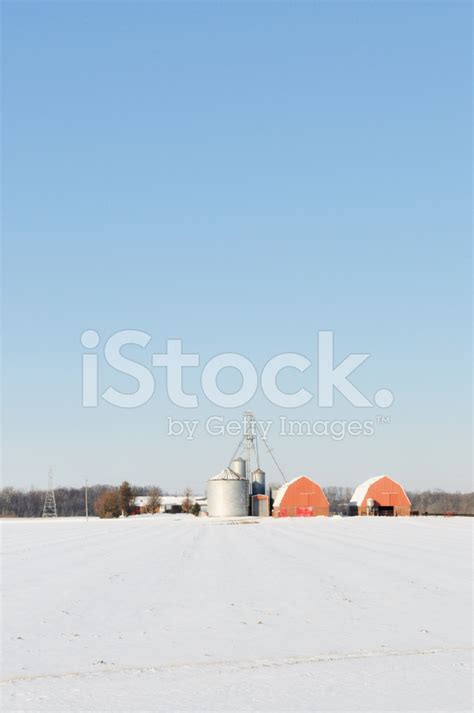 Indiana Agriculture Harvested Cornfield Barn Silo And Farm In W Stock