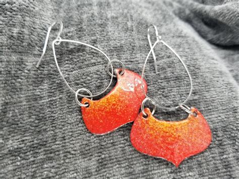 Drop Shield Nautical Ocean Fish Hand Torch Fired Wildfire Red Earrings