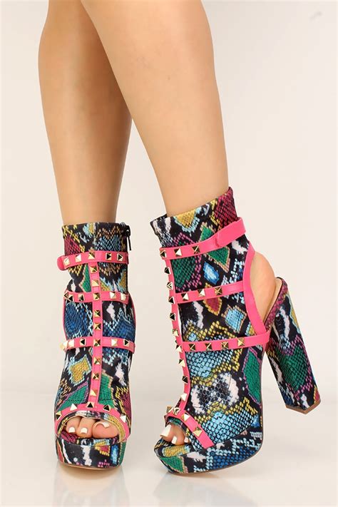 Multi Snake Print Studded Lycra Chunky Heel Booties Shoes Post