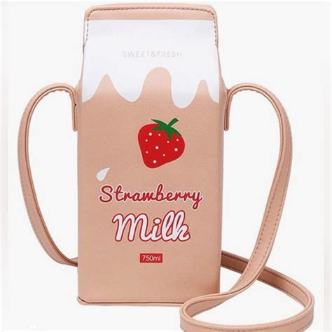 Bags Cute Pink Strawberry Milk Box Crossbody Purse With Cute Graphics