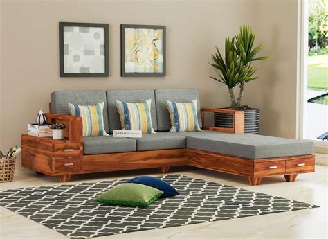 Furnesho Solid Sheesham Wood L Shape To Person Sofa Set For Living