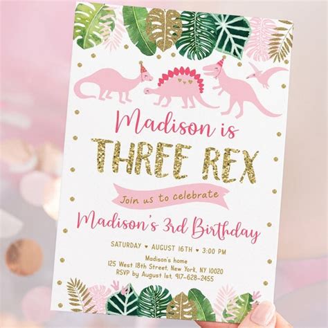 Editable Three Rex Dinosaur Birthday Invitation Dino T Rex Etsy