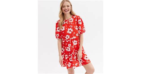 Red Floral Tiered Puff Sleeve Mini Smock Dress New Look