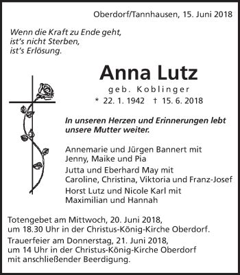 Traueranzeigen Von Anna Lutz OstalbTrauer