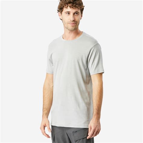 Men’s Short Sleeved Merino Wool Hiking Travel T Shirt Travel 500 Grey Forclaz Decathlon