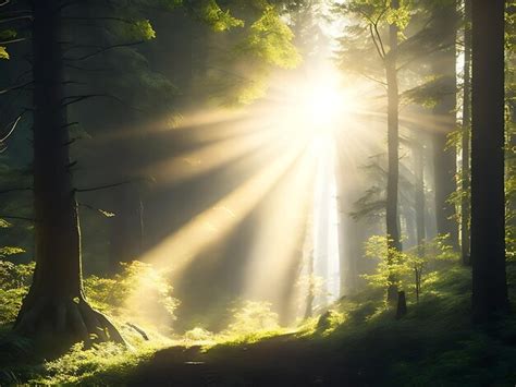 Premium AI Image | A peaceful forest scene with rays of sunlight ...