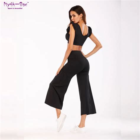 Black Two Piece Womens Yoga Sets Fitness Tracksuit Flares Dance Suit