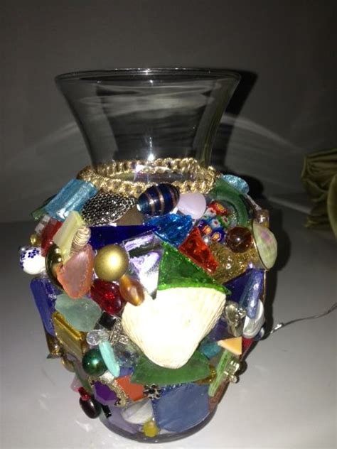 Mosaic Night Light Made With A Repurposed Vase Sea Glass Stained Glass Beads Shells And