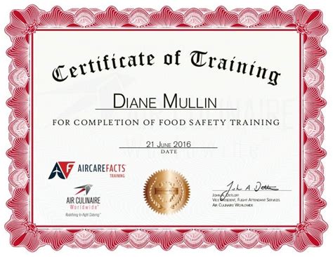 Diane Mullin Air Culinaire Worldwide Food Safety Training Certificate