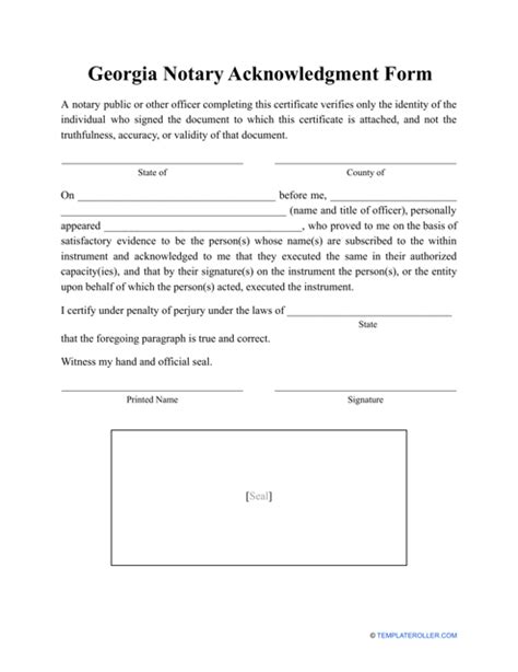 Georgia United States Notary Acknowledgment Form Fill Out Sign